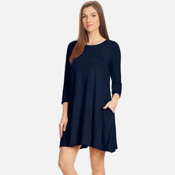 NEW Navy Blue Soft Stretchy Roomy Comfy Knee Length Swing Dress Front Pockets - Picture 1 of 3